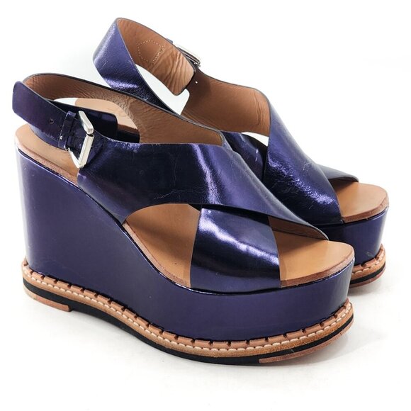 FLAMINGOS Trendy Metallic Blue Leather Platform Wedge Sandal - Picture 1 of 11